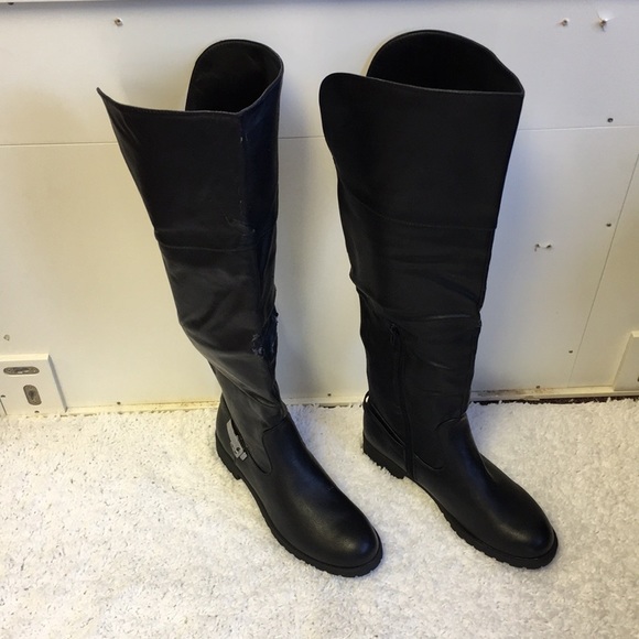 Mark & Maddux Shoes - NIB *damaged* Knee High Black PU Leather Riding Boots: Size 10
